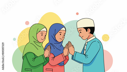 Illustration of a man and two women in traditional attire greeting each other with hands clasped in a colorful abstract setting.