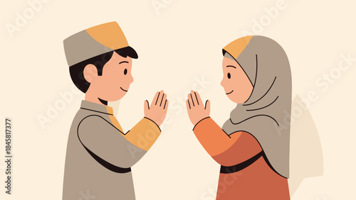 Illustration of a young boy and girl in traditional attire greeting each other with palms together in a simple beige background.