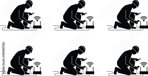 Technician installing Wi-Fi router, network engineer configuring internet connection, wireless setup illustration, repair worker fixing modem, digital connectivity maintenance scene
