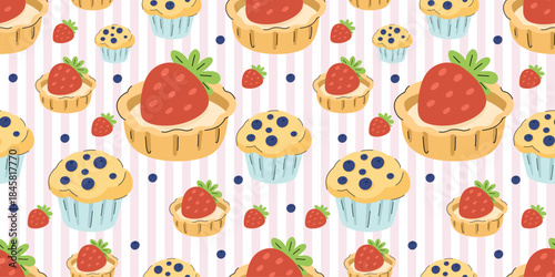 Dessert pattern with strawberry tarts and blueberry muffins — seamless pattern with cute hand-drawn strawberry tarts, blueberry muffins, and small berry elements on soft pastel pink striped background