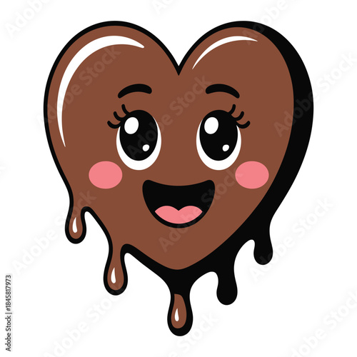 Cute melting chocolate heart emoji cartoon character with happy face and big eyes representing love and sweetness perfect for valentines day or dessert related designs