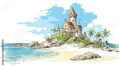 Majestic Castle Overlooking Beach Vector Illustration with Outline