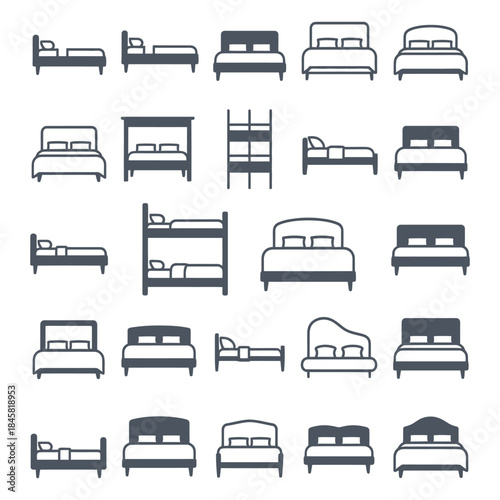 Set of various bed icons in silhouette style, showcasing different bed frames and sizes, suitable for furniture stores, hotels, or bedroom design layouts