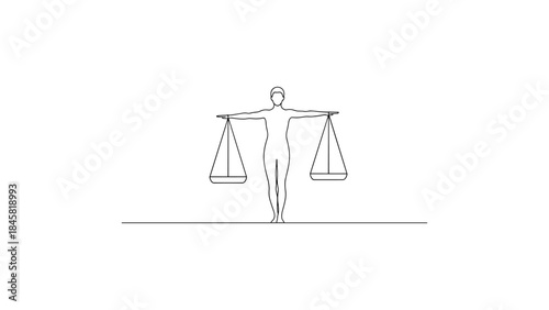 Minimalist line art of blindfolded figure holding scales representing justice