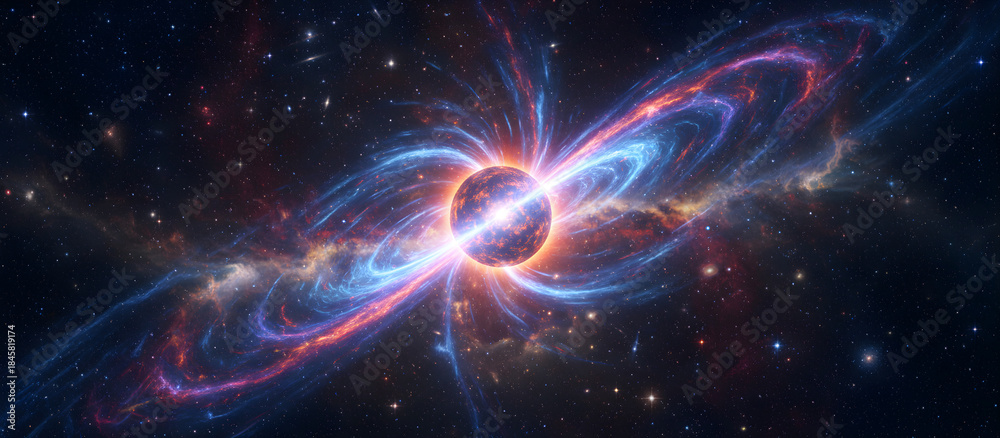 Obraz premium Neutron star pulsar sending powerful electromagnetic waves through space