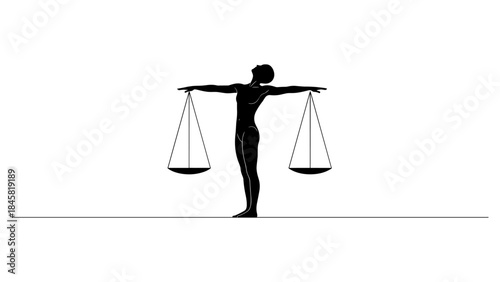 Silhouette of woman balancing scales of justice on tightrope