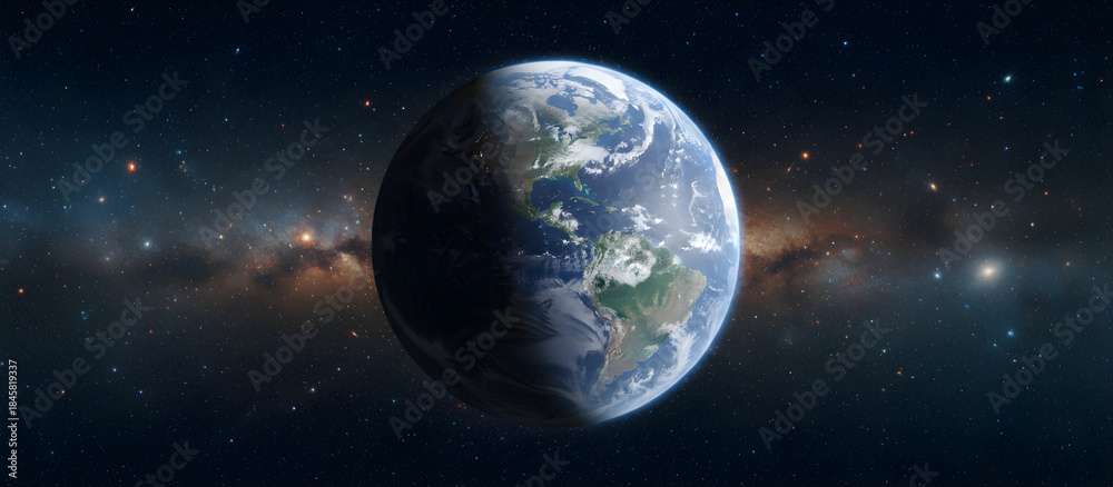 Naklejka premium Earth planet rotating in black spacescape with milky way