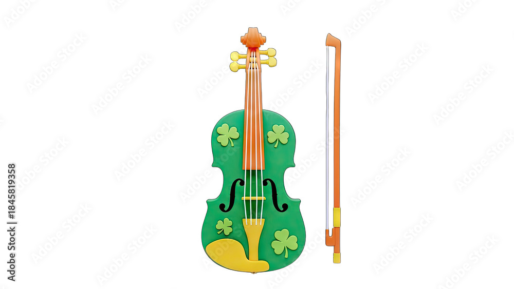 Naklejka premium Green Violin with Shamrocks and Bow on White Background