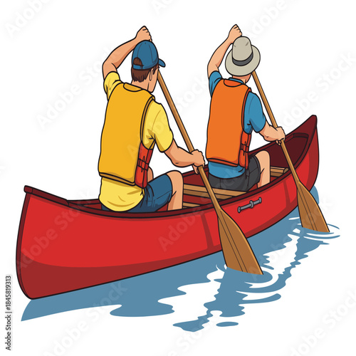 Two men in life jackets paddling red canoe on blue water, representing outdoor recreation, teamwork, and adventure