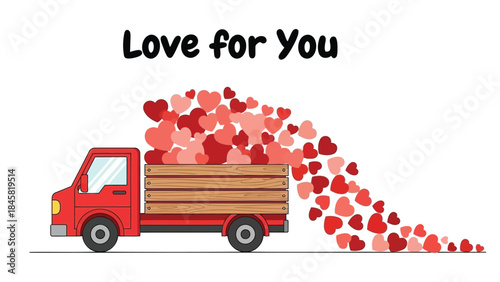 Red truck loaded with hearts spilling out the back on white background
