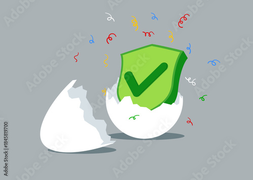 Green shield check mark just hatched from cracked egg. Good in business or start up. Finish it job in of comfortable zone. Flat vector illustration