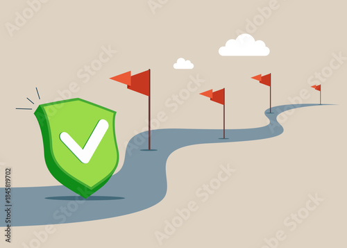 Green shield check mark on road. Obstacles in business turns towards the point of success. Flat vector illustration