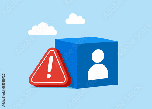 Cube with avatar with exclamation attention sign. Bad employee and risk  recruitment or customer. Flat vector illustration