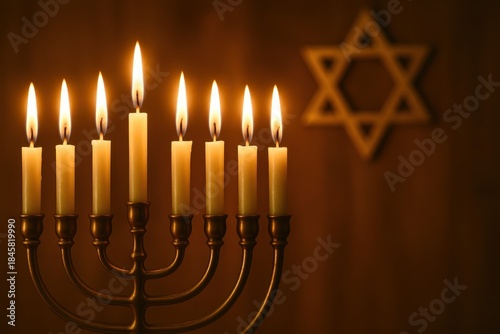 A lit menorah with seven candles on each side