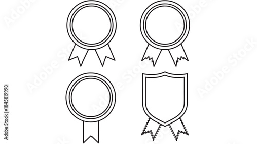 Two circular ribbons with flags and a shield all in black silhouette on transparent background