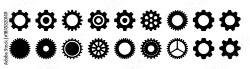 Gear icon set. Black gear wheel and cogwheel icons collection. Industrial mechanical gears and machinery parts vector illustration isolated on transparent background