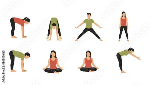 Flat style yoga poses for beginners with male and female characters in relaxed postures