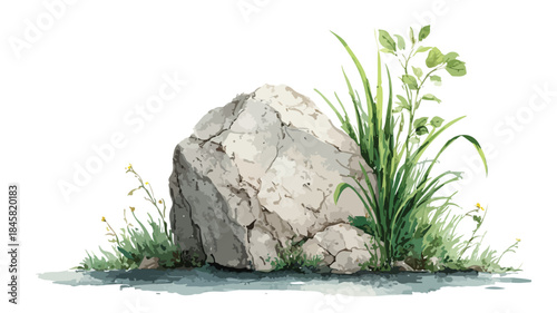 Detailed Drawing of Rock with Plant and Grass Vector Illustration