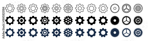 Gear icon set. Gear wheel and cogwheel icons collection. Industrial mechanical gears and machinery parts vector illustration isolated on transparent background