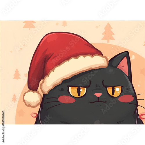 Soft Pastel Annoyed Black Cat in Cozy Santa Hat – Cute Christmas Cartoon Illustration
