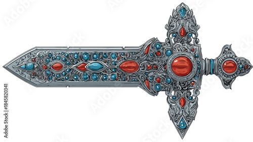 Elegant Sword with Blue and Red Gems Vector Illustration