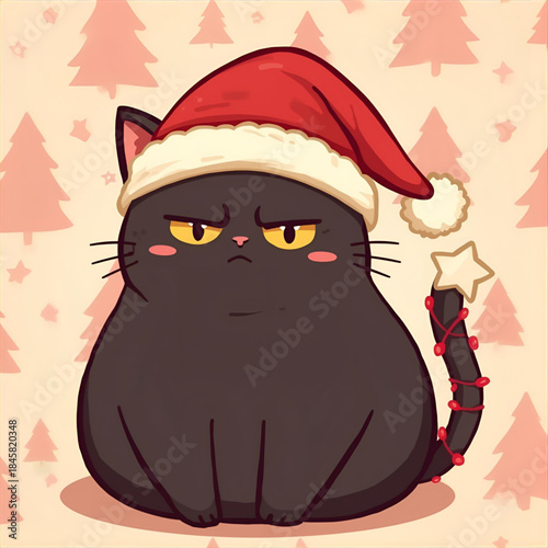 Cute Grumpy Black Cat in Red Santa Hat – Holiday Cartoon Illustration