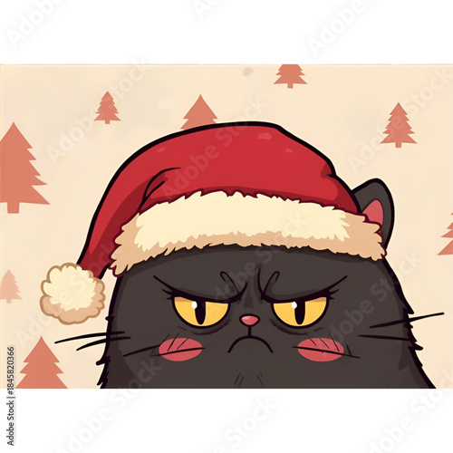 Cute Grumpy Black Cat in Red Santa Hat – Holiday Cartoon Illustration