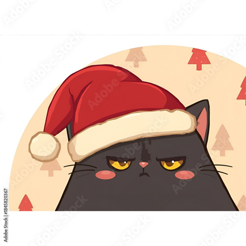 Soft Pastel Annoyed Black Cat in Cozy Santa Hat – Cute Christmas Cartoon Illustration