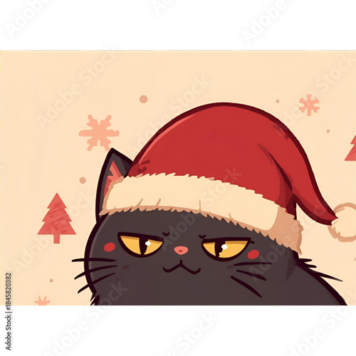Soft Pastel Annoyed Black Cat in Cozy Santa Hat – Cute Christmas Cartoon Illustration
