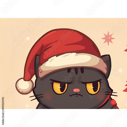 Cute Grumpy Black Cat in Red Santa Hat – Holiday Cartoon Illustration
