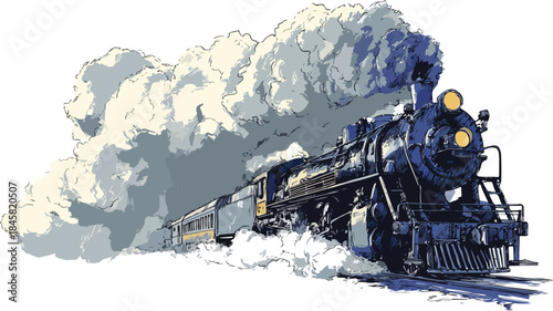 Detailed Vector Drawing of Train with Smoke, Transportation Illustration