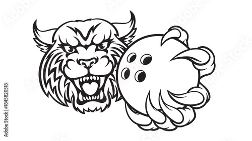 Fierce bobcat prepares to strike with bowling ball on transparent background silhouette