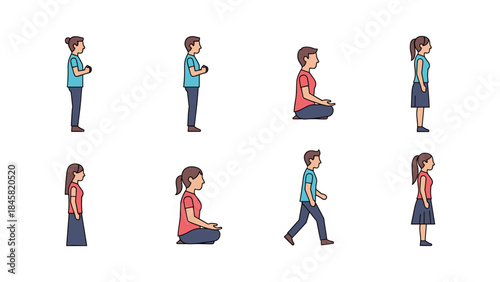 Cartoon people in various everyday poses on white background
