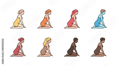 Diverse women in kneeling poses in minimalistic style