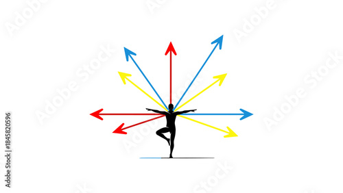 Yoga pose with multicolored arrows radiating in minimalist design