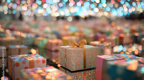 Glittering gift box with gold ribbon surrounded by colorful presents, festive bokeh lights create joyful holiday atmosphere, perfect for Christmas celebration scenes