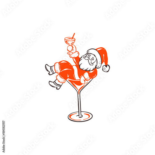 Hand drawn doodle funky quirky Santa Claus sitting in martini glass drinking cocktail. Merry Christmas and Happy New Year whimsical icon. Disco party design element. Crayon funny drawing