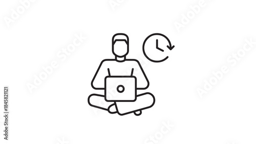 Man working on laptop in lotus position with clock on transparent background silhouette