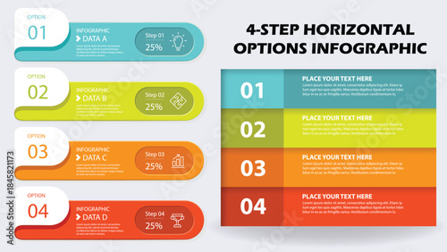 4 Steps Horizontal Options Infographic Vector Template, Data Distribution and Sequential Business Process Flow Chart for Strategy and Presentation Layout.