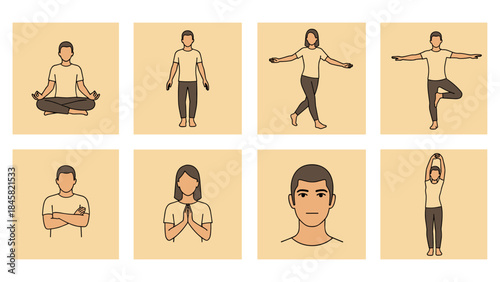 Yoga poses and meditation positions with diverse characters in minimalist style
