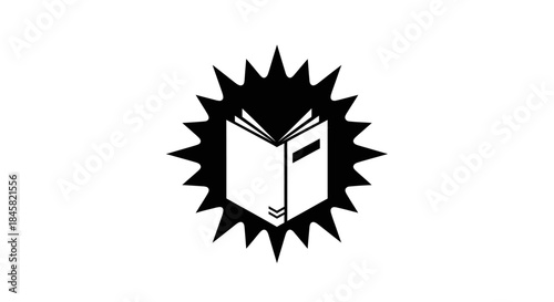 Black and white illustration of an open book with radiating lines.