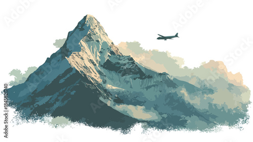 Scenic Mountain Painting with Airplane in Background