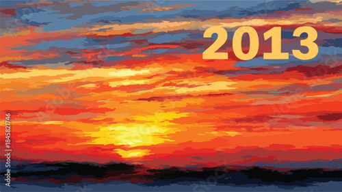 Mesmerizing Sunset Painting with '2013' Text - Vibrant Artwork for Design Projects