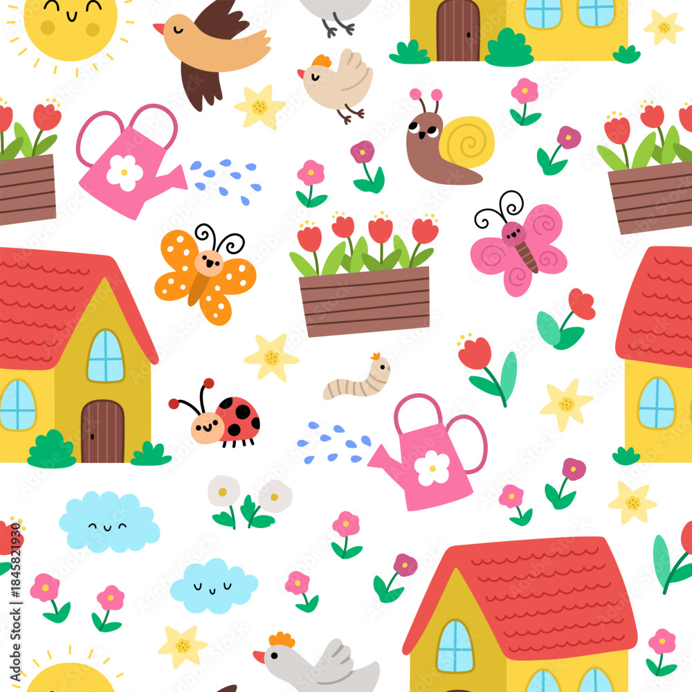 Fototapeta premium Vector Easter seamless pattern. Cute farm or garden repeat background with country house, flowers, watering can, insects, birds. Festive digital paper for kids. Spring holiday texture