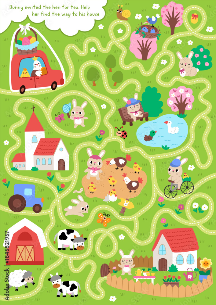 Fototapeta premium Easter village maze for children with hen on car going to bunny with chick. Funny labyrinth game with cute bird. Spring holiday printable activity, worksheet with rural country scene, roads