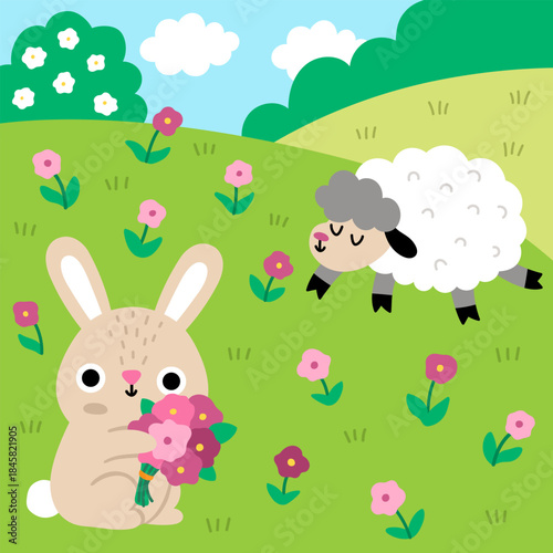 Vector Easter village square landscape. Rural nature scene with bunny on the meadow gathering flowers. Spring holiday background for kids with sheep, blooming trees, sunny day