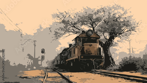 Scenic Train Travel Painting Through Forest Landscape with Tree