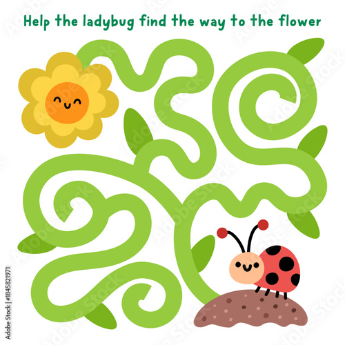 Easter village maze for children with ladybug searching way to flower. Funny simple square labyrinth game with cute ladybird, sunflower. Spring holiday printable activity, worksheet with insect