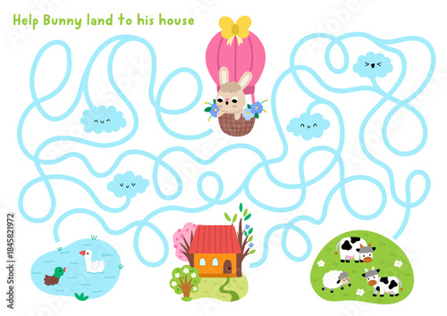 Easter village maze for children with bunny on hot air balloon landing to his house. Funny labyrinth game with cute hare. Spring holiday printable activity, worksheet with rural country scenes