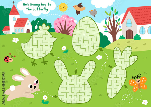 Easter village maze for children with geometrical chick, carrot, bunny, egg. Funny labyrinth game with cute hare. Spring holiday printable activity, worksheet with rural country scene, cottage, church